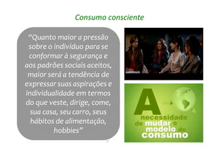 27
Consumo consciente
“Quanto maior a pressão
sobre o indivíduo para se
conformar à segurança e
aos padrões sociais aceitos,
maior será a tendência de
expressar suas aspirações e
individualidade em termos
do que veste, dirige, come,
sua casa, seu carro, seus
hábitos de alimentação,
hobbies”
“Quanto maior a pressão
sobre o indivíduo para se
conformar à segurança e
aos padrões sociais aceitos,
maior será a tendência de
expressar suas aspirações e
individualidade em termos
do que veste, dirige, come,
sua casa, seu carro, seus
hábitos de alimentação,
hobbies”
 