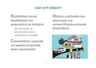 41
Usar sem adquirir
Estabilidade versus
flexibilidade: Ser
proprietário ou locatário
Da sociedade da
propriedade para a
sociedade da locação
Consumidores seguindo
um padrão já adotado
pelas organizações
Otimiza a utilização dos
ativos pelo uso
compartilhando evitando
desperdícios
by The Wall Street Journal
 