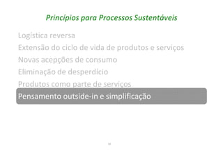 44
Princípios para Processos Sustentáveis
Logística reversa
Extensão do ciclo de vida de produtos e serviços
Novas acepções de consumo
Eliminação de desperdício
Produtos como parte de serviços
Pensamento outside-in e simplificação
 