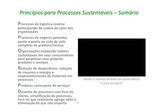 50
Princípios para Processos Sustentáveis – Sumário
Processos de logística reversa
participando da cadeia de valor das
organizações
Processos de negócio pensados
ponta-a-ponta no ciclo de vida
completo do produto/serviço
Organizações moldando hábitos
sustentáveis em seus consumidores
para perpetuar seus próprios
produtos e serviços
Redução de desperdícios, redução
de insumos e energia e
reaproveitamento de materiais em
processos
Produtos como parte de serviços
Desenho de processos com foco do
cliente, simplificação de processos,
foco no que realmente agrega valor e
eliminação do que não importa
Vendo o mundo através de novas lentes
“Carta da Terra”
 