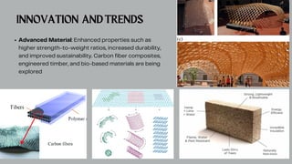 INNOVATION ANDTRENDS
Advanced Material: Enhanced properties such as
higher strength-to-weight ratios, increased durability,
and improved sustainability. Carbon fiber composites,
engineered timber, and bio-based materials are being
explored
 