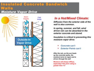 Insulated Concrete Sandwich
Walls
Moisture Vapor Drive
Warm
Outside

Cold
Inside

In a Hot/Mixed Climate:
Diffusion from the exterior side of the
wall is also common.
In spring, summer, and fall, wind
driven rain can be absorbed in the
exterior concrete and stored.

Outside-In
Vapor Drive

Insulation is critical in preventing this
moisture vapor drive:
 Concrete can’t
 Exterior Paints can’t
After the rain, as the sun heats
up the concrete wythe, the
moisture turns to vapor and is
driven through the wall
Moisture will always diffuse,
especially if the perm rating is
greater than 1.0

 