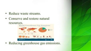 • Reduce waste streams.
• Conserve and restore natural
resources.
• Reducing greenhouse gas emissions.
 