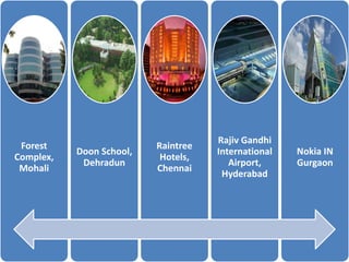 Forest
Complex,
Mohali
Doon School,
Dehradun
Raintree
Hotels,
Chennai
Rajiv Gandhi
International
Airport,
Hyderabad
Nokia IN
Gurgaon
 