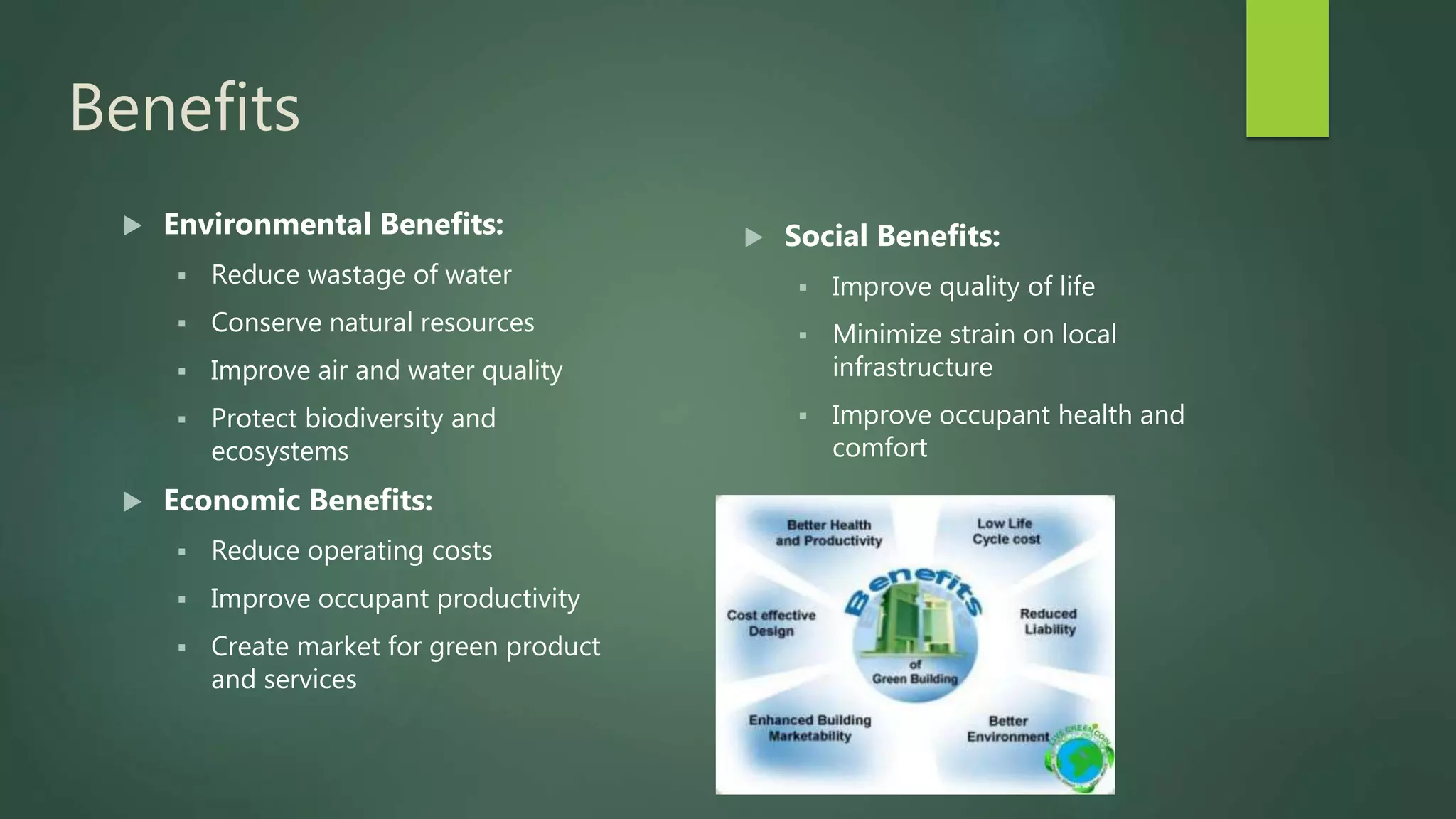 Benefits
 Environmental Benefits:
 Reduce wastage of water
 Conserve natural resources
 Improve air and water quality
 Protect biodiversity and
ecosystems
 Economic Benefits:
 Reduce operating costs
 Improve occupant productivity
 Create market for green product
and services
 Social Benefits:
 Improve quality of life
 Minimize strain on local
infrastructure
 Improve occupant health and
comfort
 
