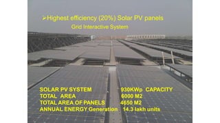 20
SOLAR PV SYSTEM
TOTAL AREA
TOTAL AREA OF PANELS
ANNUAL ENERGY Generation
930KWp CAPACITY
6000 M2
4650 M2
14.3 lakh units
Highest efficiency (20%) Solar PV panels
Grid Interactive System
 