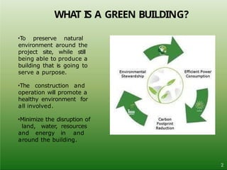 •To preserve natural
environment around the
project site, while still
being able to produce a
building that is going to
serve a purpose.
•The construction and
operation will promote a
healthy environment for
all involved.
•Minimize the disruption of
land, water, resources
and energy in and
around the building.
WHAT IS A GREEN BUILDING?
2
 
