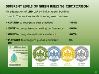 ‘CERTIFIED’ to recognize best practices (40-49)
‘SILVER’ to recognize outstanding performance (50-59)
‘GOLD’ to recognize national excellence (60-79)
‘PLATINUM’ to recognize global leadership (80-
110)
DIFFERENT LEVELS OF GREEN BUILDING CERTIFICATION
An adaptation of LEED USA by Indian green building
council The various levels of rating awarded are:
23
 