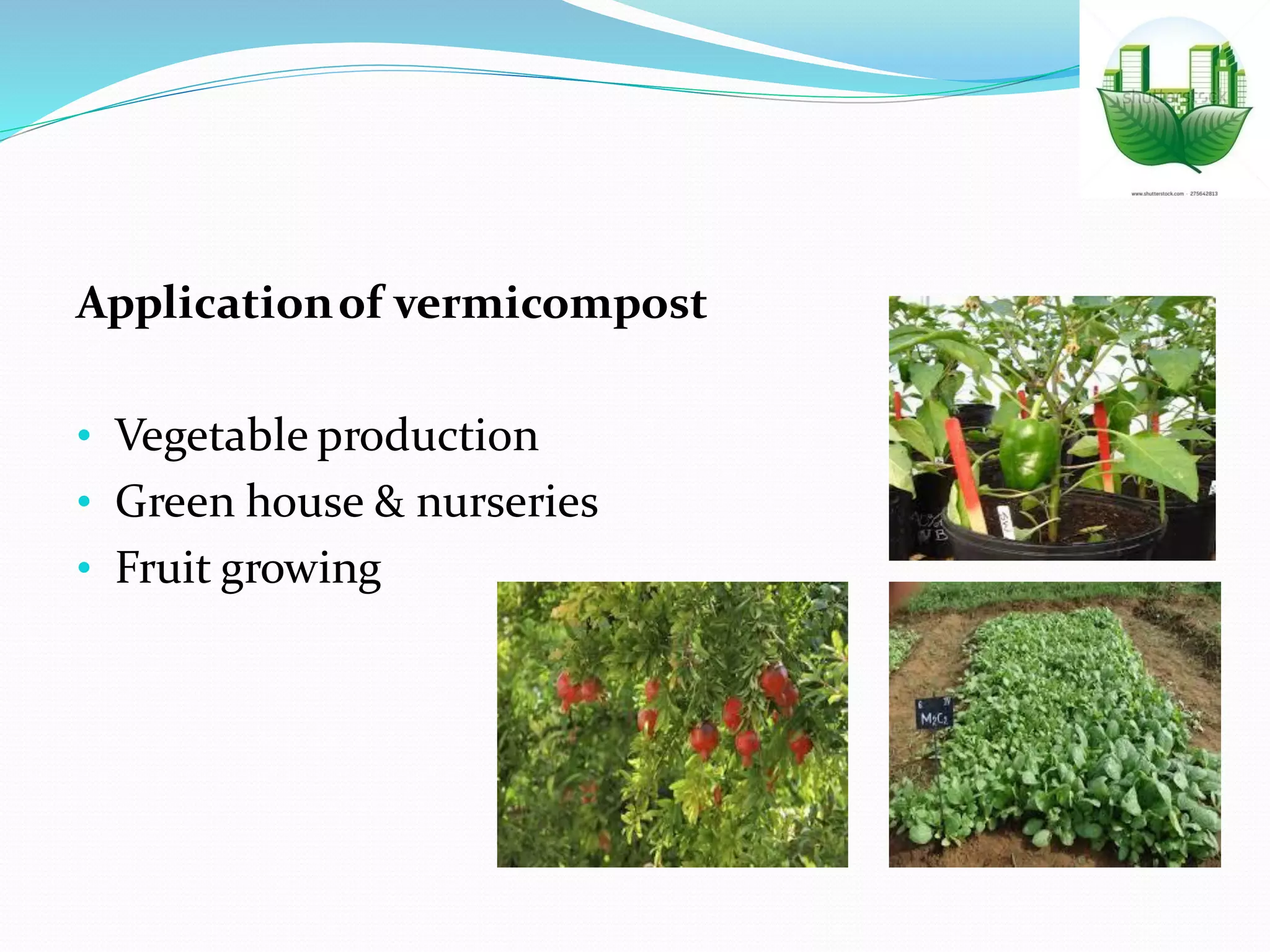Applicationof vermicompost
• Vegetable production
• Green house & nurseries
• Fruit growing
 