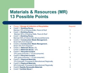 Materials & Resources (MR)
13 Possible Points
 Prereq 1 Storage & Collection of Recyclables Required
 Credit 1.1 Building Reuse,
Maintain 75% of Existing Walls, Floors & Roof 1
 Credit 1.2 Building Reuse,
Maintain 95% of Existing Walls, Floors & Roof 1
 Credit 1.3 Building Reuse,
Maintain 50% of Interior Non-Structural Elements 1
 Credit 2.1 Construction Waste Management,
Divert 50% from Disposal 1
 Credit 2.2 Construction Waste Management,
Divert 75% from Disposal 1
 Credit 3.1 Materials Reuse, 5% 1
Credit 3.2 Materials Reuse, 10% 1
 Credit 4.1 Recycled Content,
10% (post-consumer + 1/2 pre-consumer) 1
 Credit 4.2 Recycled Content,
20% (post-consumer + 1/2 pre-consumer) 1
 Credit 5.1 Regional Materials,
10% Extracted, Processed & Manufactured Regionally 1
 Credit 5.2 Regional Materials,
20% Extracted, Processed & Manufactured Regionally 1
 Credit 6 Rapidly Renewable Materials 1
 Credit 7 Certified Wood 1
 