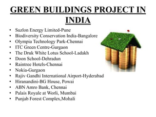 GREEN BUILDINGS PROJECT IN
INDIA
•
•
•
•
•
•
•
•
•
•
•
•
•

Suzlon Energy Limited-Pune
Biodiversity Conservation India-Bangalore
Olympia Technology Park-Chennai
ITC Green Centre-Gurgaon
The Druk White Lotus School-Ladakh
Doon School-Dehradun
Raintree Hotels-Chennai
Nokia-Gurgaon
Rajiv Gandhi International Airport-Hyderabad
Hiranandini-BG House, Powai
ABN Amro Bank, Chennai
Palais Royale at Worli, Mumbai
Punjab Forest Complex,Mohali

 