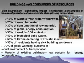BUILDINGS --AS CONSUMERS OF RESOURCES
•Built environment– significantly impact environment /consumption of
resources/generators of waste/climate change/rising temperature:
16% of world’s fresh water withdrawal.
25% of wood harvested.
30% of consumption of raw material.
50% of global energy consumption.
35% of world's CO2 emission
40% of Municipal solid waste.
50% of Ozone depleting CFC’s still in use.
30% of residents having sick building syndrome
• --70% of global warming outcome of ;
•--built environment & transportation
-- Majority of existing buildings--- low concern for energy
conservation
 