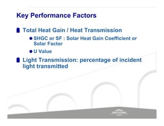 Key Performance Factors

 Total Heat Gain / Heat Transmission
    SHGC or SF : Solar Heat Gain Coefficient or
    Solar Factor
    U Value
 Light Transmission: percentage of incident
 light transmitted
 
