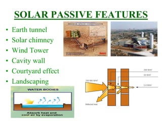 SOLAR PASSIVE FEATURES
• Earth tunnel
• Solar chimney
• Wind Tower
• Cavity wall
• Courtyard effect
• Landscaping
 