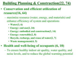 Building Planning & Construction(22, 74)
• Conservation and efficient utilization of
resource(16, 64)
– maximize resource (water, energy, and materials) and
enhance efficiency of system and operations
• Water(3, 6)
• Energy: end use(2, 24)
• Energy: embodied and construction(3, 14)
• Energy: renewable(2, 8)
• Recycle, recharge, and reuse of water(2, 7)
• Waste management(4, 5)
• Health and well-being of occupants (6, 10)
– To ensure healthy indoor air quality, water quality, and
noise levels, and to reduce the global warming potential
 