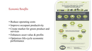 Economic Benefits
• Reduce operating costs
• Improve occupant productivity
• Create market for green product and
services
• Enhances asset value & profits
• Optimizes life-cycle economic
performance
 