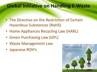 Global Initiative on Handling E-Waste
• The Directive on the Restriction of Certain
Hazardous Substances (RoHS)
• Home Appliances Recycling Law (HARL)
• Green Purchasing Law (GPL)
• Waste Management Law
• Japanese ROH’s
 