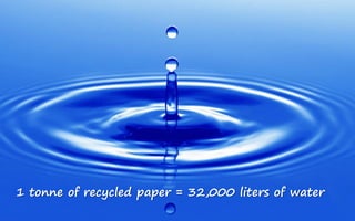 1 tonne of recycled paper = 32,000 liters of water
 