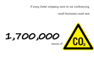 If every Dubai company were to use conferencing


                          small businesses could save




1,700,000
                    tonnes of
 