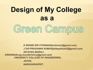 K ROHINI SRI VYSHNAVI(krohinisri@gmail.com)
J SAI PRASANNA KUMAR(jallepallisai55@gmail.com)
DR.KVSG MURALI
KRISHNA(kvsg.muralikrishna@gmail.com)
UNIVERSITY COLLEGE OF ENGINEERING,
JNTUK,
NARASARAOPET.
Design of My College
as a
 