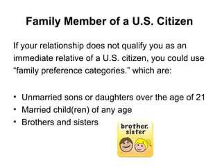 Family Member of a U.S. Citizen
If your relationship does not qualify you as an
immediate relative of a U.S. citizen, you could use
“family preference categories.” which are:
• Unmarried sons or daughters over the age of 21
• Married child(ren) of any age
• Brothers and sisters
 