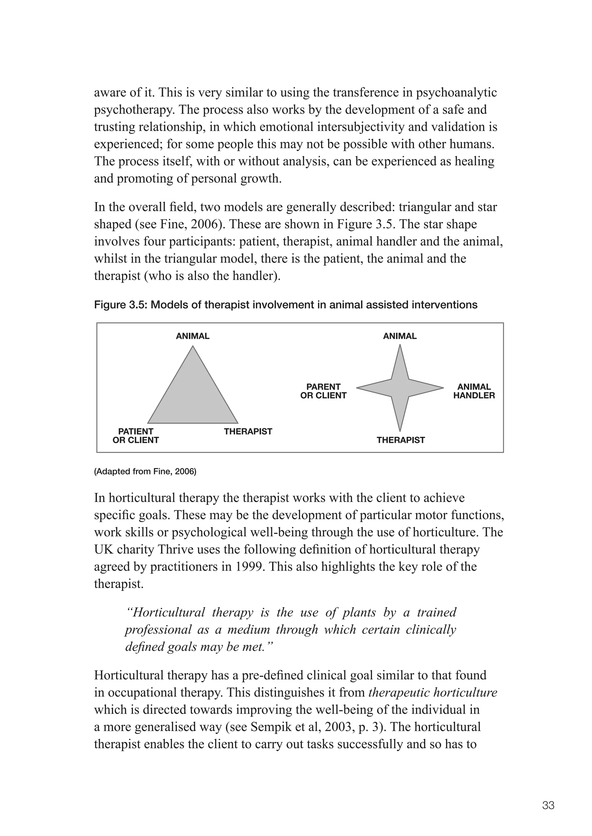 aware of it. This is very similar to using the transference in psychoanalytic
psychotherapy. The process also works by the development of a safe and
trusting relationship, in which emotional intersubjectivity and validation is
experienced;	for	some	people	this	may	not	be	possible	with	other	humans.	
The process itself, with or without analysis, can be experienced as healing
and promoting of personal growth.

In	the	overall	field,	two	models	are	generally	described:	triangular	and	star	
shaped (see Fine, 2006). These are shown in Figure 3.5. The star shape
involves four participants: patient, therapist, animal handler and the animal,
whilst in the triangular model, there is the patient, the animal and the
therapist (who is also the handler).

Figure 3.5: Models of therapist involvement in animal assisted interventions

                    ANIMAL                               ANIMAL




                                          PARENT                        ANIMAL
                                         OR CLIENT                     HANDLER



     PATIENT                 THERAPIST
    OR CLIENT                                           THERAPIST


(Adapted from Fine, 2006)


In horticultural therapy the therapist works with the client to achieve
specific	goals.	These	may	be	the	development	of	particular	motor	functions,	
work skills or psychological well-being through the use of horticulture. The
UK	charity	Thrive	uses	the	following	definition	of	horticultural	therapy	
agreed by practitioners in 1999. This also highlights the key role of the
therapist.

       “Horticultural therapy is the use of plants by a trained
       professional as a medium through which certain clinically
       defined goals may be met.”

Horticultural	therapy	has	a	pre-defined	clinical	goal	similar	to	that	found	
in occupational therapy. This distinguishes it from therapeutic horticulture
which is directed towards improving the well-being of the individual in
a more generalised way (see Sempik et al, 2003, p. 3). The horticultural
therapist enables the client to carry out tasks successfully and so has to



                                                                                 33
 
