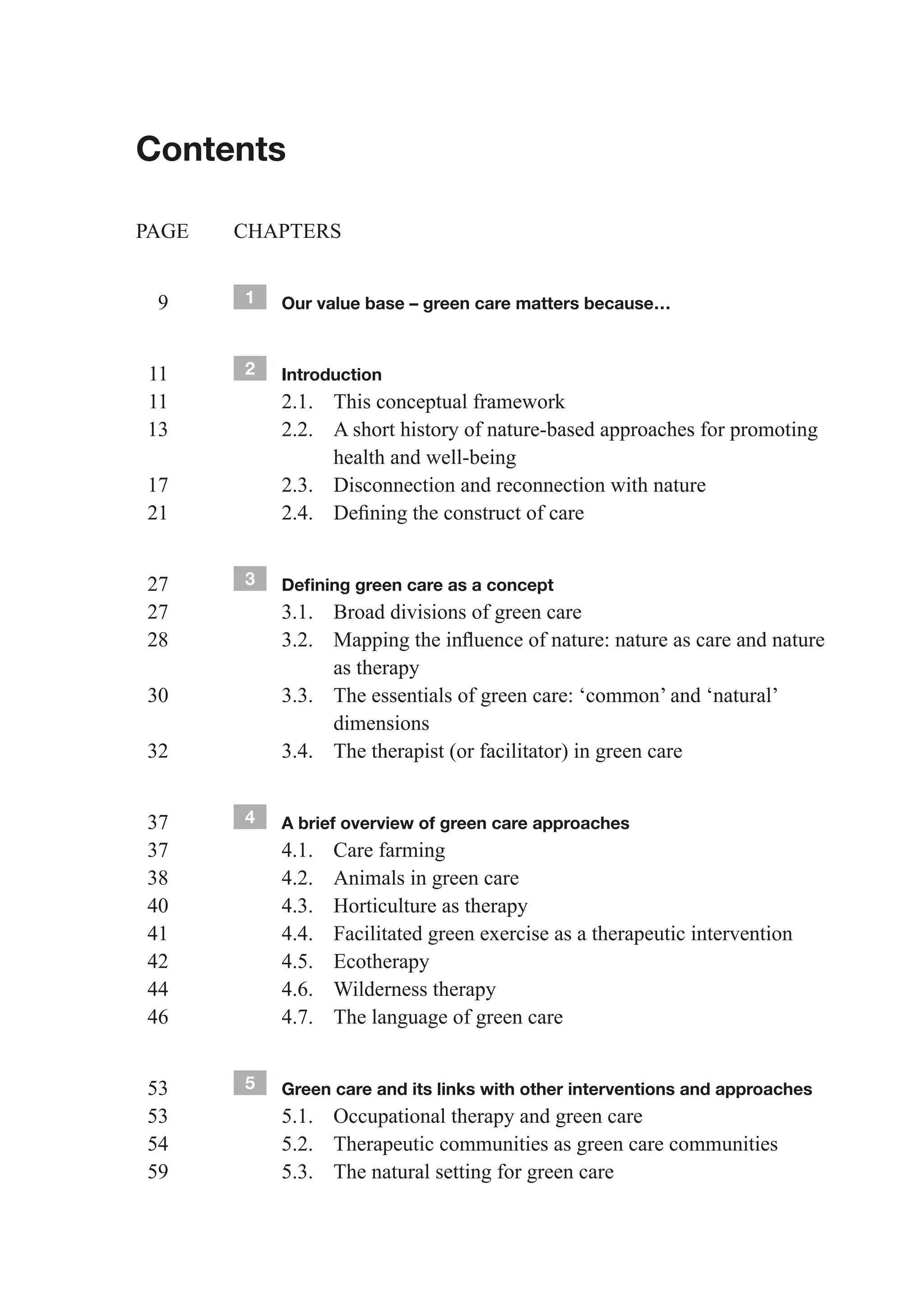 Contents

PAGE    CHAPTERS


  9         1   Our value base – green care matters because…



 11         2   Introduction
 11             2.1. This conceptual framework
 13             2.2. A short history of nature-based approaches for promoting
                      health and well-being
  17            2.3. Disconnection and reconnection with nature
	 21	   	       2.4.	 Defining	the	construct	of	care


  27        3   Defining green care as a concept
  27            3.1. Broad divisions of green care
	 28	   	       3.2.	 Mapping	the	influence	of	nature:	nature	as	care	and	nature	
                      as therapy
 30             3.3. The essentials of green care: ‘common’ and ‘natural’
                      dimensions
 32             3.4. The therapist (or facilitator) in green care


 37         4   A brief overview of green care approaches
 37             4.1.   Care farming
 38             4.2.   Animals in green care
 40             4.3.   Horticulture as therapy
 41             4.4.   Facilitated green exercise as a therapeutic intervention
 42             4.5.   Ecotherapy
 44             4.6.   Wilderness therapy
 46             4.7.   The language of green care


 53         5   Green care and its links with other interventions and approaches
 53             5.1. Occupational therapy and green care
 54             5.2. Therapeutic communities as green care communities
 59             5.3. The natural setting for green care
 