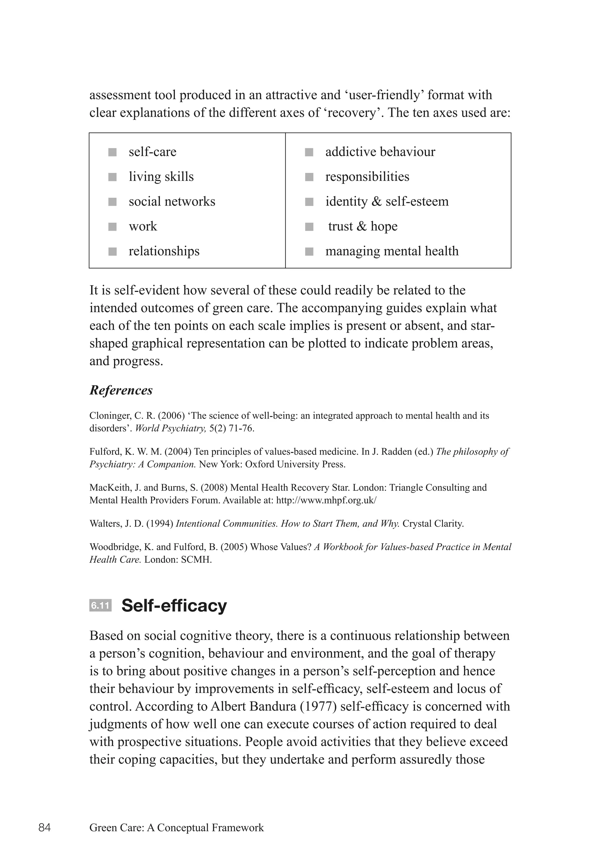 assessment tool produced in an attractive and ‘user-friendly’ format with
     clear explanations of the different axes of ‘recovery’. The ten axes used are:

         n self-care                                      n addictive behaviour
         n living skills                                  n responsibilities
         n social networks                                n identity & self-esteem
         n work                                           n	trust & hope
         n relationships                                  n managing mental health

     It is self-evident how several of these could readily be related to the
     intended outcomes of green care. The accompanying guides explain what
     each of the ten points on each scale implies is present or absent, and star-
     shaped graphical representation can be plotted to indicate problem areas,
     and progress.

     References
     Cloninger, C. R. (2006) ‘The science of well-being: an integrated approach to mental health and its
     disorders’. World Psychiatry, 5(2) 71-76.

     Fulford, K. W. M. (2004) Ten principles of values-based medicine. In J. Radden (ed.) The philosophy of
     Psychiatry: A Companion. New York: Oxford University Press.

     MacKeith, J. and Burns, S. (2008) Mental Health Recovery Star. London: Triangle Consulting and
     Mental Health Providers Forum. Available at: http://www.mhpf.org.uk/

     Walters, J. D. (1994) Intentional Communities. How to Start Them, and Why. Crystal Clarity.

     Woodbridge, K. and Fulford, B. (2005) Whose Values? A Workbook for Values-based Practice in Mental
     Health Care. London: SCMH.



     6.11   Self-efficacy
     Based on social cognitive theory, there is a continuous relationship between
     a person’s cognition, behaviour and environment, and the goal of therapy
     is to bring about positive changes in a person’s self-perception and hence
     their	behaviour	by	improvements	in	self-efficacy,	self-esteem	and	locus	of	
     control.	According	to	Albert	Bandura	(1977)	self-efficacy	is	concerned	with	
     judgments of how well one can execute courses of action required to deal
     with prospective situations. People avoid activities that they believe exceed
     their coping capacities, but they undertake and perform assuredly those



84   Green Care: A Conceptual Framework
 