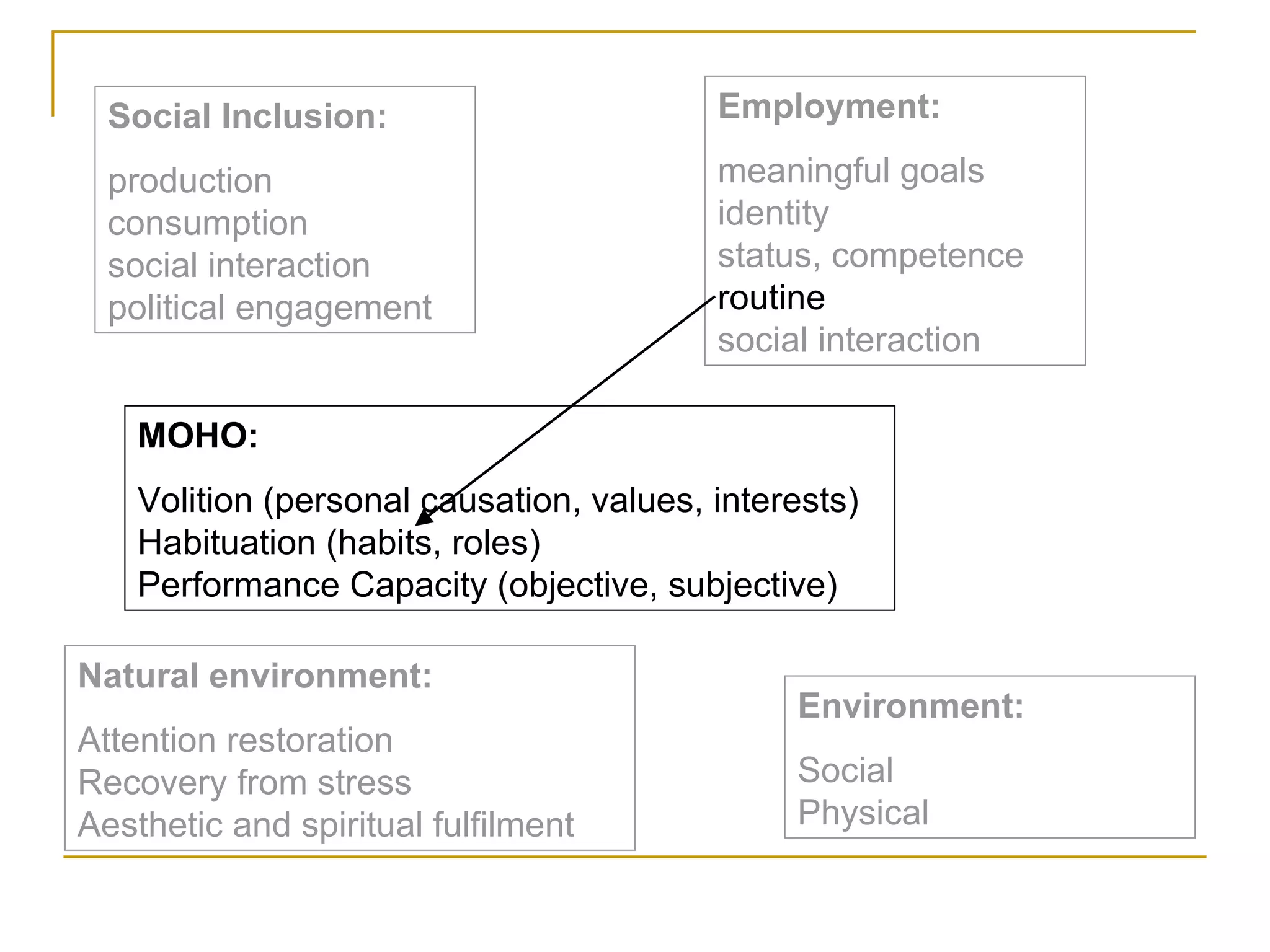 Social Inclusion: production consumption social interaction political engagement Employment: meaningful goals identity status, competence   routine social interaction Environment: Social Physical Natural environment: Attention restoration Recovery from stress Aesthetic and spiritual fulfilment MOHO: Volition (personal causation, values, interests) Habituation (habits, roles) Performance Capacity (objective, subjective) 
