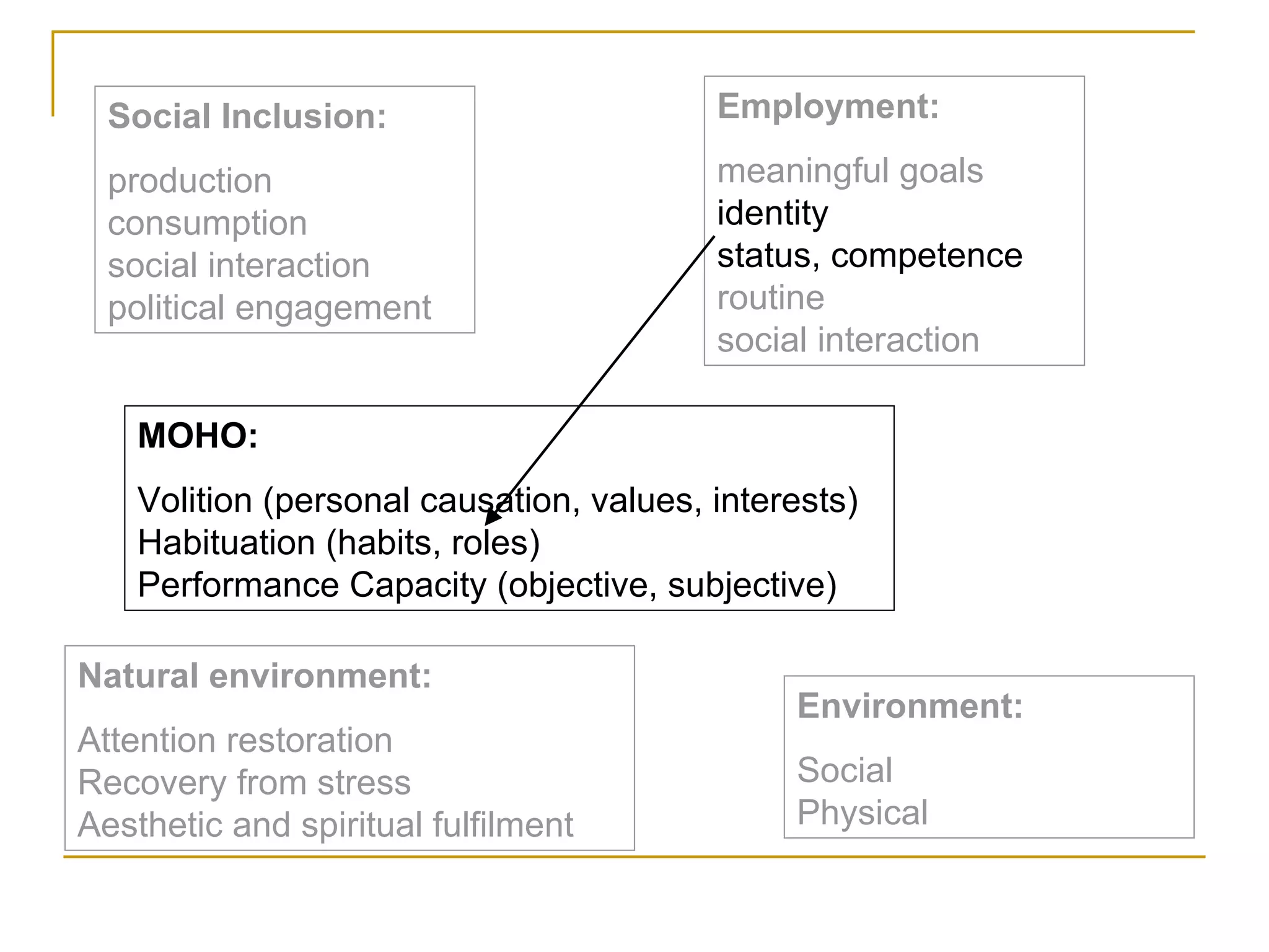 Social Inclusion: production consumption social interaction political engagement Employment: meaningful goals identity status, competence   routine social interaction Environment: Social Physical Natural environment: Attention restoration Recovery from stress Aesthetic and spiritual fulfilment MOHO: Volition (personal causation, values, interests) Habituation (habits, roles) Performance Capacity (objective, subjective) 