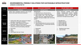 Produk
SOLUSI BETON DEKORATIF SOLUSI AIR TERGENANG SOLUSI TANAH LUNAK
DekoCrete Paving Porous Soil Stabilisation
Definisi
koleksi beton teraplikasi berwarna yang inovatif.
Cocok untuk lantai internal dan eksternal.
SPESIFIKASI:
1. Dimensi: 21 cm x 10,5 cm X 8 cm
2. Warna: Merah dan natural (abu-abu)
3. Mutu Produk: Void : 20%; Kuat Tekan :
K250; Drain rate : hingga 450 lt/mnt/m2
Sekaligus berfungsi sebagai water harvesting
system
Solusi terobosan masalah tanah lunak
dengan menggunakan bahan stabilitas
berbasis semen ramah lingkungan. Setelah
mengaplikasikan solusi ini, nilai CBR dan
UCS tanah meningkat sesuai standar.
Standar
Acuan
1. ASTM C979-1999 “Color pigment for integral
coloration of concretes or mortars“.
2. EN 12878 - 1999 “Pigments for Portland
cement & Portland cement products“.
3. DIN 53237 “ Pigment used for the coloring of
cement and lime bound building materials”.
1. ACI 522​
2. ACI 330R-01​
3. Special specifications for porous concrete
pavement SKh-1.5.14 Directorate General
of Highways 2022​
1. SNI 8460-2017​
2. ASTM D 2216-98​
3. ASTM D 698-00a​
4. SNI 03-3638-1994​
5. SNI 03-1744-1989
Aplikasi
1. Area Parkir
2. Jalan
3. Taman
4. Area Pejalan Kaki dan Trotoar
1. Residential
2. Institusi
3. Commercial
4. Public Space
5. Area parkir
1. Stabilisasi tanah dasar
2. Lapis pondasi
Contoh
Proyek
Pengguna
ENVIRONMENTAL FRIENDLY SOLUTIONS FOR SUSTAINABLE INFRASTRUCTURE
GREEN CONCRETE
Intersection di DKI Jakarta, 2018
Kawasan strategis pariwisata nasional Bromo-
Tengger-Semeru, Jatim 2023
Lokasi pengambilan sampel di Sumbu
Kebangsaan Timur IKN, Kaltim 2024 5
 