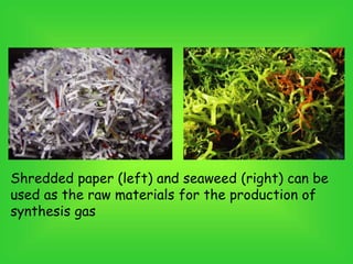 Shredded paper (left) and seaweed (right) can be
used as the raw materials for the production of
synthesis gas
 