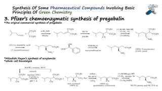 Synthesis Of Some Pharmaceutical Compounds Involving Basic
Principles Of Green Chemistry
3. Pfizer’s chemoenzymatic synthesis of pregabalin
*The original commercial synthesis of pregabalin
*Mitsubishi Rayon’s synthesis of acrylamide
*Whole-cell biocatalysis
 