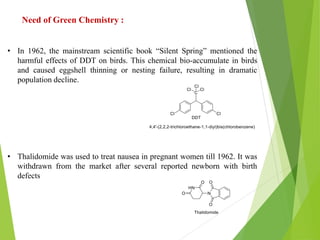 Need of Green Chemistry :
• In 1962, the mainstream scientific book “Silent Spring” mentioned the
harmful effects of DDT on birds. This chemical bio-accumulate in birds
and caused eggshell thinning or nesting failure, resulting in dramatic
population decline.
• Thalidomide was used to treat nausea in pregnant women till 1962. It was
withdrawn from the market after several reported newborn with birth
defects
 