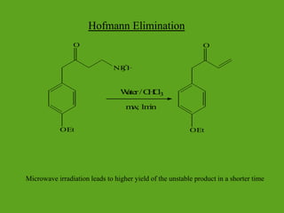 Hofmann Elimination
NR
3
+
I_
OEt
O
W
a
te
r/C
H
C
l3
m
w
,1
m
in
OEt
O
Microwave irradiation leads to higher yield of the unstable product in a shorter time
 