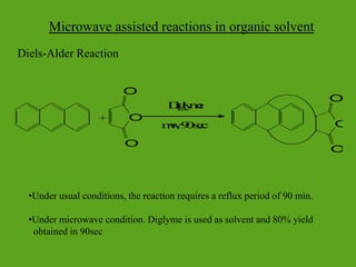 Microwave assisted reactions in organic solvent
Diels-Alder Reaction
•Under usual conditions, the reaction requires a reflux period of 90 min.
•Under microwave condition. Diglyme is used as solvent and 80% yield
obtained in 90sec
O
O
O
D
i
g
l
y
m
e
m
w
,9
0
s
e
c O
O
O
+
 