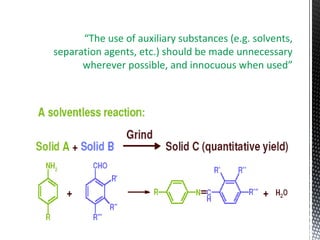 “The use of auxiliary substances (e.g. solvents,
separation agents, etc.) should be made unnecessary
wherever possible, and innocuous when used”
 