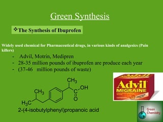 Green Synthesis
The Synthesis of Ibuprofen
Widely used chemical for Pharmaceutical drugs, in various kinds of analgesics (Pain
killers)
- Advil, Motrin, Medipren
- 28-35 million pounds of ibuprofen are produce each year
- (37-46 million pounds of waste)
C
H3
CH3 C
CH3
O
OH
2-(4-isobutylphenyl)propanoic acid
 