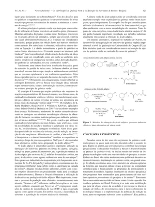 Vol. 26, No. 1        “Green chemistry” – Os 12 Princípios da Química Verde e sua Inserção nas Atividades de Ensino e Pesquisa                127

lações para isolamento do n-bromobutano28. Um dos desafios para                  A síntese verde do ácido adípico pode ser considerada como um
os químicos e engenheiros químicos é o desenvolvimento de novas             excelente exemplo onde os princípios da química verde foram alcan-
reações que possam ser efetuadas de maneira a minimizar o consu-            çados, quase integralmente. Exceto pelo fato de que a matéria-prima
mo de energia23-25,31,40.                                                   utilizada (cicloexano e cicloexeno) não é de fonte renovável, os ga-
     O sétimo princípio da química verde nos alerta para a necessida-       nhos ambientais com as novas metodologias são enormes. Tanto do
de de utilização de fontes renováveis de matéria-prima (biomassa).          ponto de vista energético como da eficiência atômica (ou fator E) há
Materiais derivados de plantas e outras fontes biológicas renováveis        um ganho bastante importante em relação aos métodos industriais
ou reciclados devem ser utilizados, sempre que possível. Embora             atualmente em uso para a obtenção do ácido adípico.
não sejam efetivamente biomassas, CO2 e metano são considerados                  Um método alternativo, inspirado no trabalho de Noyori, foi
renováveis, porque podem ser obtidos tanto por métodos sintéticos           desenvolvido para aplicação em um curso de química orgânica expe-
como naturais. Por outro lado, o n-butanol, utilizado na síntese des-       rimental a nível de graduação na Universidade de Oregon (EUA).
crita na Equação 1, é obtido normalmente a partir do petróleo ou            Esta iniciativa pode ser considerada um marco na inserção de tópi-
outras fontes não-renováveis. O recente avanço no interesse pelo            cos de química verde no currículo de cursos de química51.
biodiesel41 (um biocombustível, obtido através da alcoólise de óleos
vegetais) pode ser considerado como um ganho ao ambiente, pois
muitos geradores de energia hoje movidos a óleo derivado do petró-
leo poderão ser substituídos por esse combustível verde42.
     Idealmente, uma síntese deve levar à molécula desejada a partir
de materiais de partida de baixo custo, facilmente obtidos, de fonte
renovável, em uma única etapa, simples e ambientalmente aceitável,
que se processe rapidamente e em rendimento quantitativo. Além
disso, o produto precisa ser separado da mistura da reação com 100%
de pureza23,40,43. Obviamente, esta situação ainda é muito difícil de se
conseguir. Entretanto, deve-se buscar esta situação ideal, evitando
etapas desnecessárias, como a derivatização excessiva, como descre-
ve o oitavo princípio da química verde.
     O princípio # 9 mostra que reações catalíticas são superiores às
reações estequiométricas. O desenvolvimento, nos últimos anos, de
catalisadores altamente seletivos e efetivos em transformações com-
plexas e difíceis de serem previstas até então, nos aproximou um
pouco mais da chamada “síntese ideal”23-25,43,44. Os trabalhos de K.
Barry Sharpless, Ryoji Noyori e William S. Knowles, agraciados
com o Prêmio Nobel de Química em 200145 são excelentes exemplos
deste avanço. Na literatura, atualmente, há muitos exemplos descre-
vendo as vantagens em substituir metodologias clássicas de obten-
ção de fármacos, ou outras matérias-primas para indústria química,
por técnicas catalíticas23-25,43,44,46. Em geral, reações que utilizam
catalisadores heterogêneos são mais limpas, mais seletivas e, como          Figura 3. Métodos de obtenção do ácido adípico: processo industrial
há possibilidade de reciclar e reutilizar o catalisador por várias ve-      clássico e duas alternativas de síntese verde
zes, há, invariavelmente, vantagens econômicas. Além disso, gran-
des quantidades de resíduos são evitadas, pois há redução na forma-
ção de sais inorgânicos. Além do uso da catálise, a biocatálise31,43,47,    CONCLUSÕES E PERSPECTIVAS
a fotoquímica e a síntese biomimética43 também se enquadram na
tecnologia limpa de processos químicos. Na Figura 3 são mostradas                Passados cerca de dez anos do surgimento da química verde,
duas alternativas verdes para a preparação do ácido adípico46,48.           muito pouco ou quase nada tem sido discutido sobre o assunto no
     O ácido adípico é um produto químico importante, utilizado na          país. Espera-se, porém, que este artigo possa contribuir para instigar
fabricação do nylon-6,6, presente em fibras de carpete, tapeçaria,          pesquisadores e educadores brasileiros a buscar o desenvolvimento
reforço de pneus, partes de automóveis, etc. A produção mundial de          de práticas de química verde, ou iniciar estudos no sentido de im-
ácido adípico gira em torno de 2,2 milhões de toneladas e utiliza, em       plantar tecnologias verdes em suas atividades de pesquisa e ensino.
geral, ácido nítrico como agente oxidante em uma de suas etapas49.          Embora no Brasil não exista atualmente uma política de incentivo ao
Estes processos industriais são responsáveis pelo lançamento na at-         desenvolvimento e implantação da química verde, um grande avan-
mosfera de 5 a 8% de todo N2O antropogênico, considerado um dos             ço foi obtido nos últimos anos com a iniciativa de algumas agências
principais contribuintes para o efeito estufa e a destruição da camada      de fomento, que lançaram editais (graças a pressões da comunidade
de ozônio50. Atuando em duas frentes diferentes, porém com o mes-           científica) para o financiamento de programas de gerenciamento e
mo objetivo (desenvolver um procedimento verde para a oxidação              tratamento de resíduos. Algumas instituições de ensino e pesquisa já
de hidrocarbonetos), Thomas e Noyori eliminaram a utilização de             têm programas bem estruturados para gerenciamento de seus resí-
ácido nítrico na produção do ácido adípico. Mais importante, torna-         duos químicos provenientes da pesquisa e do ensino52. Entretanto,
ram o processo de produção mais eficiente e economicamente mais             faz-se necessária uma revisão na forma como é vista a questão dos
atraente. Thomas et al.46 utilizaram catálise heterogênea e ar como         resíduos químicos no Brasil. Embora já se note uma mobilização
agente oxidante, enquanto que Noyori et al.48 empregaram condi-             por parte de alguns setores da sociedade, é preciso que se discuta a
ções de catálise de transferência de fase (CTF) e água oxigenada            criação de linhas de investimento para o desenvolvimento de
aquosa como agente oxidante. Em ambos os casos, a necessidade de            tecnologias limpas e a implementação de políticas de redução na
solventes e a produção de resíduos tóxicos foi eliminada.                   fonte, tanto no segmento industrial como acadêmico53. Esta política,
 