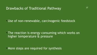 Drawbacks of Traditional Pathway
• Use of non-renewable, carcinogenic feedstock
• The reaction is energy consuming which works on
higher temperature & pressure
• More steps are required for synthesis
37
 