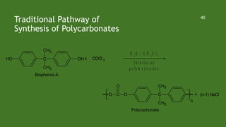 Traditional Pathway of
Synthesis of Polycarbonates
40
OH C
CH3
CH3
OH
Bisphenol-A
O C O
O
C
CH3
CH3
n
Polycarbonate
+ COCl 2
+ (n-1) NaCl
H 2 O / C H 2 C l2
I n t e r f a c ia l
p o ly m e r iz a t io n
 