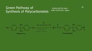 Green Pathway of
Synthesis of Polycarbonates
42
Komia and his team,
Asahi Chemicals, Japan
OH C
CH3
CH3
OH
Bisphenol-A
S o lid s t a t e
p o ly m e r iz a t io n
O C O
O
Ph Ph
O C O
O
C
CH3
CH3
n
Polycarbonate
 