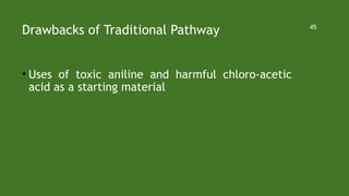 Drawbacks of Traditional Pathway
• Uses of toxic aniline and harmful chloro-acetic
acid as a starting material
45
 