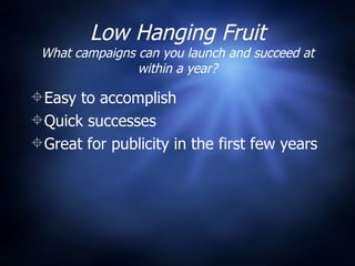 Low Hanging Fruit What campaigns can you launch and succeed at within a year? Easy to accomplish  Quick successes  Great for publicity in the first few years 