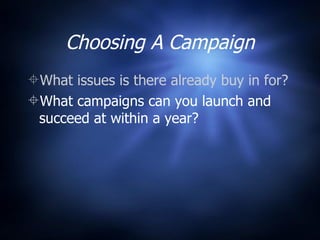 Choosing A Campaign What issues is there already buy in for? What campaigns can you launch and succeed at within a year? 