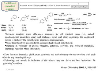 11/13/2016 23
For different
equivalent
reagents
Data for mass intensity, yield, atom economy and stoichiometry do not correlate with each
other in any meaningful way.
Following one metric in isolation of the others may not drive the best behaviour for
‘greening’ reactions.
Because reaction mass efficiency accounts for all reactant mass (i.e., actual
stoichiometric quantities used) and includes yield, and atom economy, the combined
metric is probably the most helpful greenness measurement.
Value less than 0.15 is considered as un productive and not efficient.
Increase in recovery of excess reagents, catalysts, solvents and work-up materials,
Increases Reaction Mass Efficiency.
Green Chemistry, 2002, 4, 521–527
 