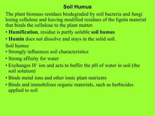 Soil Humus The plant biomass residues biodegraded by soil bacteria and fungi losing cellulose and leaving modified residues of the lignin material that binds the cellulose to the plant matter. •   Humification , residue is partly soluble  soil humus •  Humin  does not dissolve and stays in the solid soil. Soil humus • Strongly influences soil characteristics • Strong affinity for water • Exchanges H +  ion and acts to buffer the pH of water in soil (the soil solution) • Binds metal ions and other ionic plant nutrients • Binds and immobilizes organic materials, such as herbicides applied to soil 