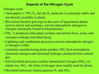 Aspects of the Nitrogen Cycle Nitrogen cycle • Atmosphere is 79% N 2 , but the N 2  molecule is extremely stable and not directly available to plants. • Rhizobium  bacteria growing on the roots of leguminous plants, such as clover and soybeans, convert atmospheric nitrogen to nitrogen chemically bound in biomolecules. • NH 4 +  is produced when plant residues and animal feces, urine, and carcasses undergo microbial decay. • Lightning and combustion processes convert atmospheric nitrogen to nitrogen oxides • Ammonia manufacturing plants produce NH 3  from atmospheric elemental nitrogen and elemental hydrogen produced from natural gas. • Soil microbial processes oxidize ammoniacal nitrogen (NH 4 + ) to nitrate ion, NO 3 - , the form of nitrogen most readily used by plants. • Microbial processes release gaseous N 2  and NO 2 . 