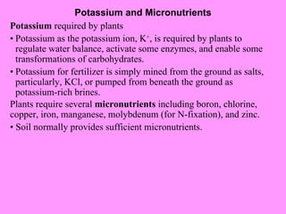 Potassium and Micronutrients Potassium  required by plants • Potassium as the potassium ion, K + , is required by plants to regulate water balance, activate some enzymes, and enable some transformations of carbohydrates. • Potassium for fertilizer is simply mined from the ground as salts, particularly, KCl, or pumped from beneath the ground as potassium-rich brines. Plants require several  micronutrients  including boron, chlorine, copper, iron, manganese, molybdenum (for N-fixation), and zinc. •  Soil normally provides sufficient micronutrients. 