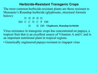 Herbicide-Resistant Transgenic Crops The most common herbicide-resistant plants are those resistant to Monsanto’s Roundup herbicide (glyphosate, structural formula below): Virus resistance in transgenic crops has concentrated on papaya, a tropical fruit that is an excellent source of Vitamins A and C and is an important nutritional plant in tropical regions. •  Genetically engineered papaya resistant to ringspot virus 